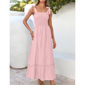 Zesica Smocked Tie Strap Ruffle Boho Casual Summer‎ Maxi Dress Pink Small